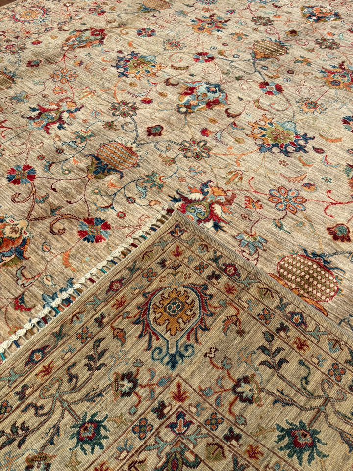 Sultani Binbirgece Orijinal El Dokuması Bej Kök Boya Yün Halı 252x297 7.48 Metrekare - 8x10 ft