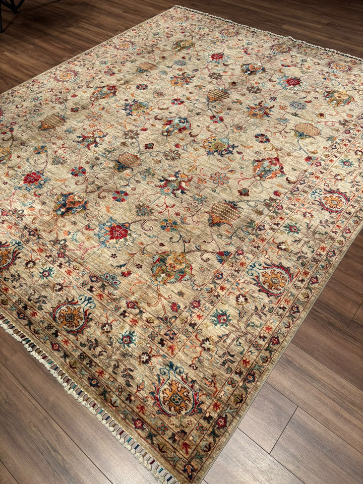 Sultani Binbirgece Orijinal El Dokuması Bej Kök Boya Yün Halı 252x297 7.48 Metrekare - 8x10 ft