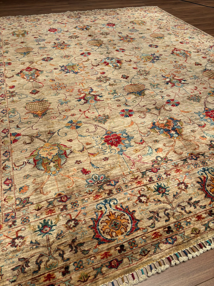 Sultani Binbirgece Orijinal El Dokuması Bej Kök Boya Yün Halı 252x297 7.48 Metrekare - 8x10 ft