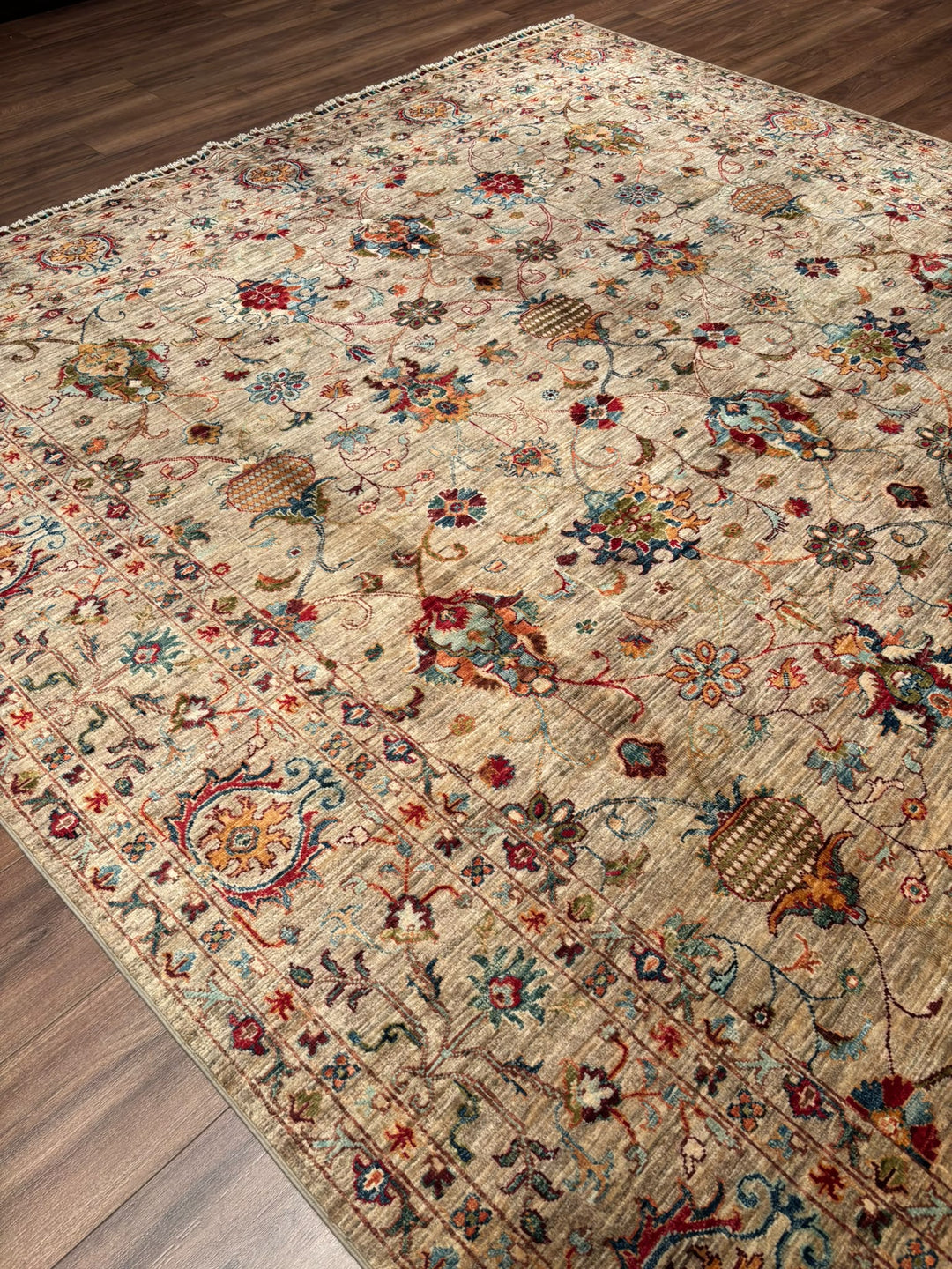 Sultani Binbirgece Orijinal El Dokuması Bej Kök Boya Yün Halı 252x297 7.48 Metrekare - 8x10 ft