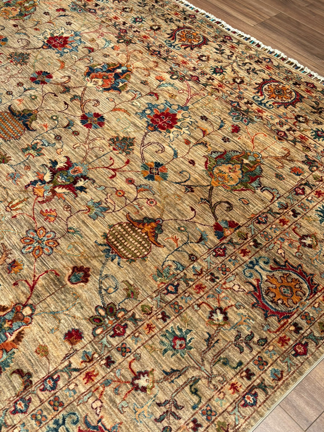 Sultani Binbirgece Orijinal El Dokuması Bej Kök Boya Yün Halı 252x297 7.48 Metrekare - 8x10 ft