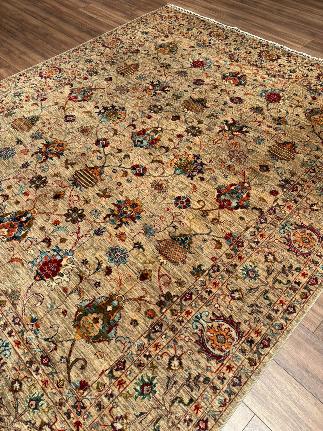 Sultani Binbirgece Orijinal El Dokuması Bej Kök Boya Yün Halı 252x297 7.48 Metrekare - 8x10 ft