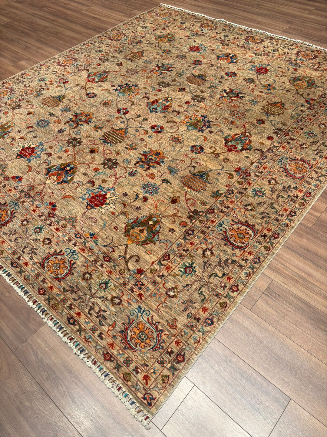 Sultani Binbirgece Orijinal El Dokuması Bej Kök Boya Yün Halı 252x297 7.48 Metrekare - 8x10 ft