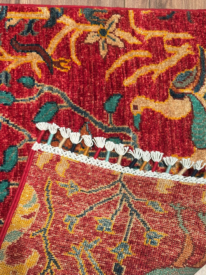 Kuş Orijinal El Dokuması Kırmızı Kök Boya Yün Halı 0.79x117 0.92 Metrekare - 3x5 ft