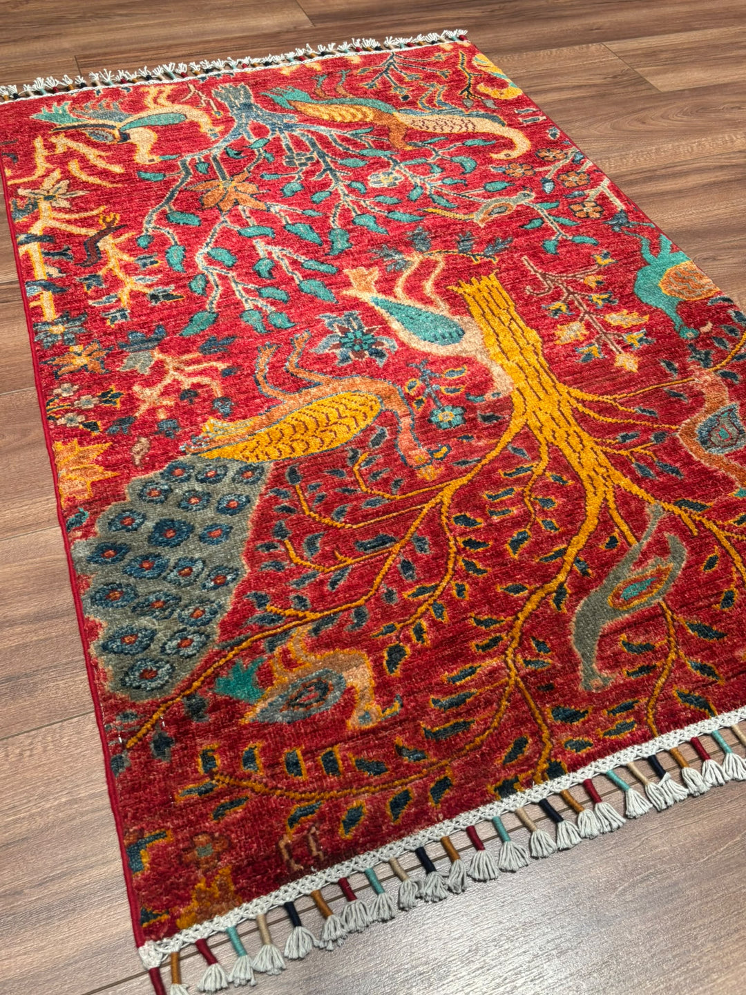Kuş Orijinal El Dokuması Kırmızı Kök Boya Yün Halı 0.79x117 0.92 Metrekare - 3x5 ft