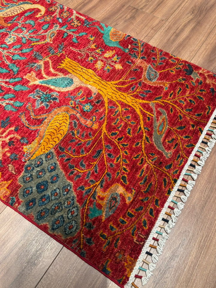 Kuş Orijinal El Dokuması Kırmızı Kök Boya Yün Halı 0.79x117 0.92 Metrekare - 3x5 ft