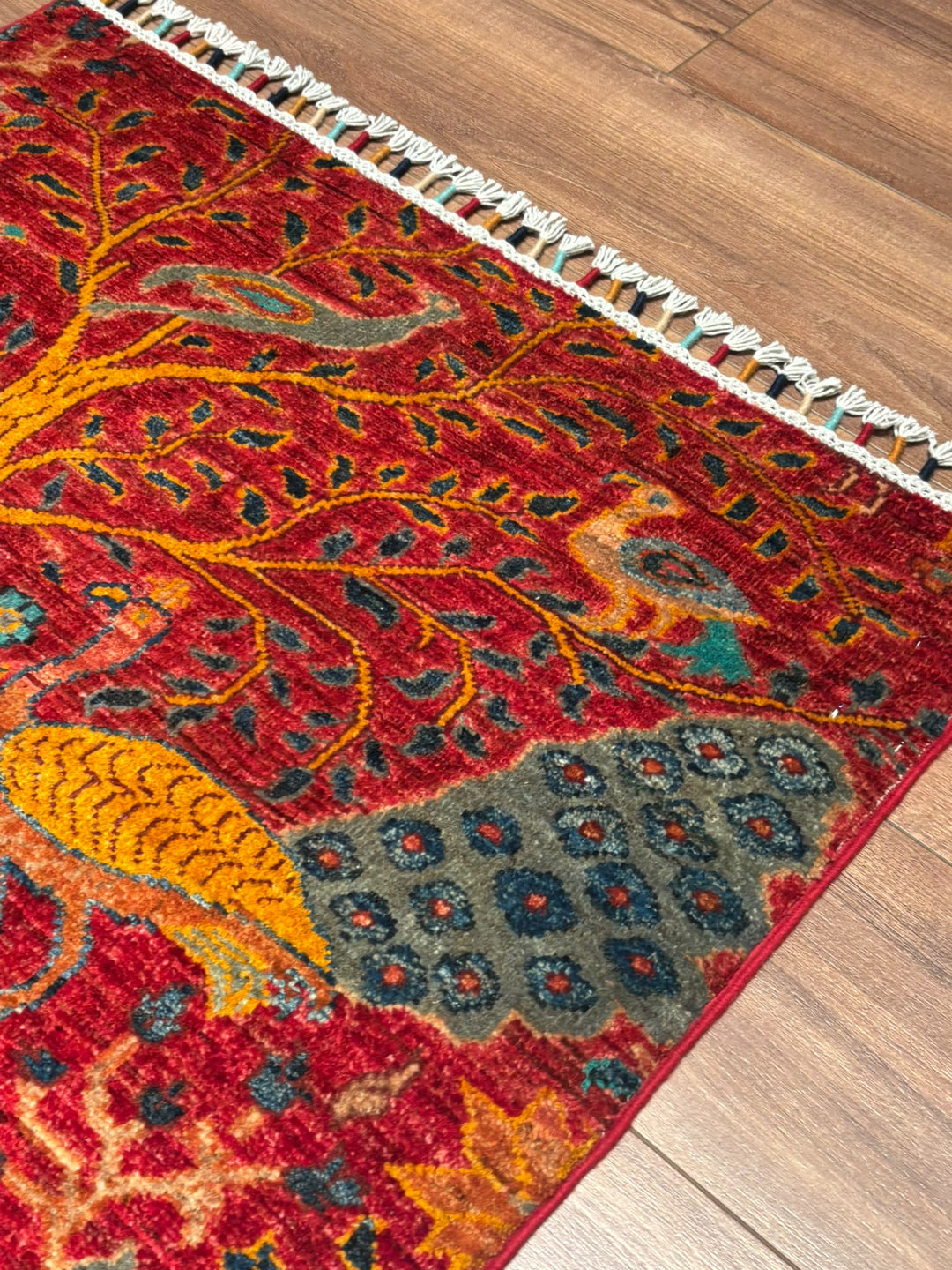 Kuş Orijinal El Dokuması Kırmızı Kök Boya Yün Halı 0.79x117 0.92 Metrekare - 3x5 ft