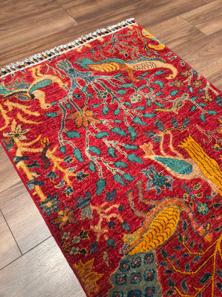 Kuş Orijinal El Dokuması Kırmızı Kök Boya Yün Halı 0.79x117 0.92 Metrekare - 3x5 ft