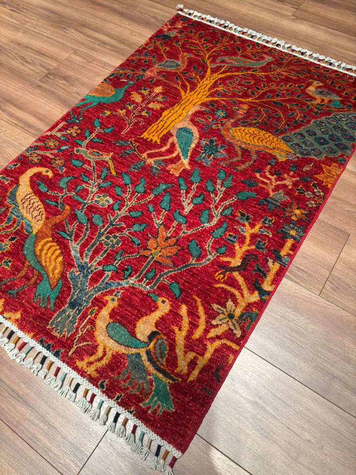 Kuş Orijinal El Dokuması Kırmızı Kök Boya Yün Halı 0.79x117 0.92 Metrekare - 3x5 ft