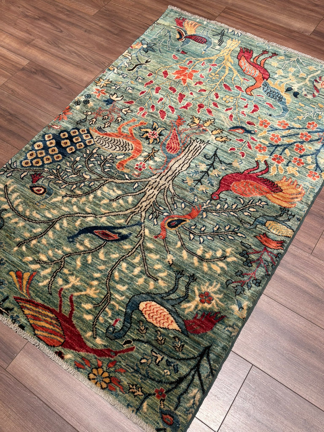 Kuş Orijinal El Dokuması Yeşil Kök Boya Yün Halı 0.99x147 1.46 Metrekare - 3x5 ft