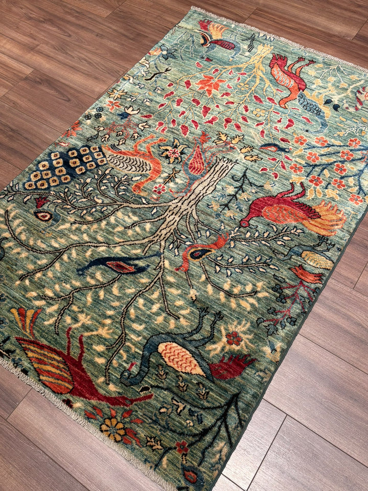 Kuş Orijinal El Dokuması Yeşil Kök Boya Yün Halı 0.99x147 1.46 Metrekare - 3x5 ft