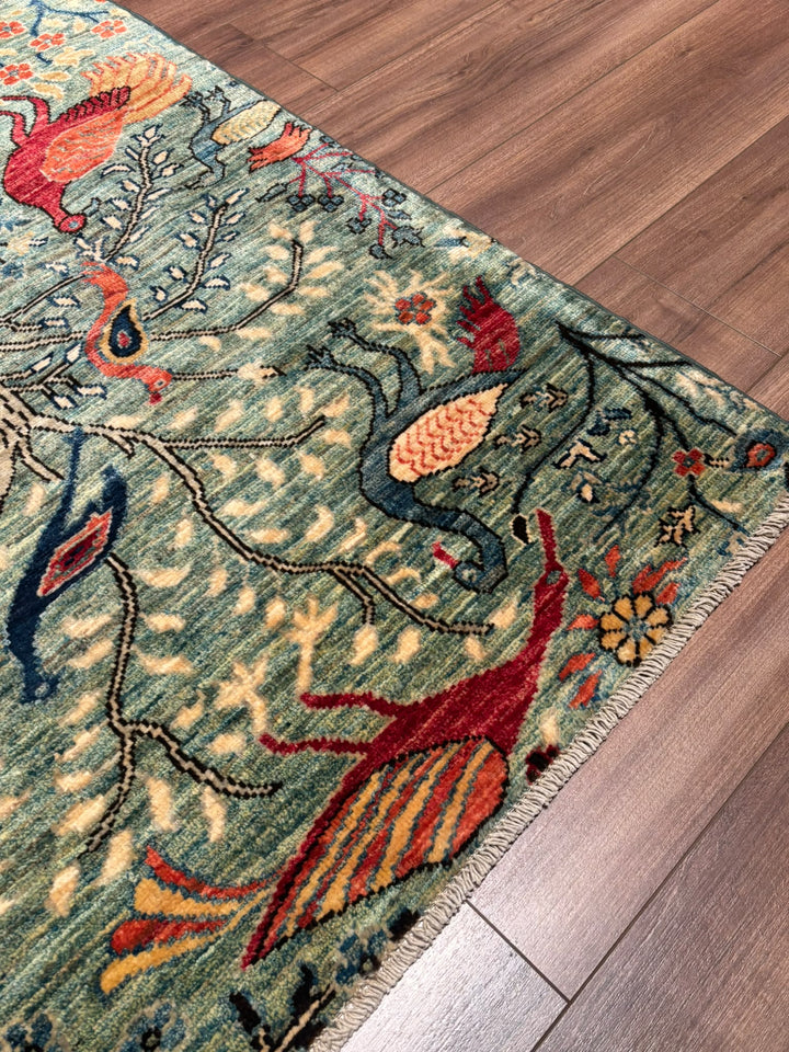 Kuş Orijinal El Dokuması Yeşil Kök Boya Yün Halı 0.99x147 1.46 Metrekare - 3x5 ft