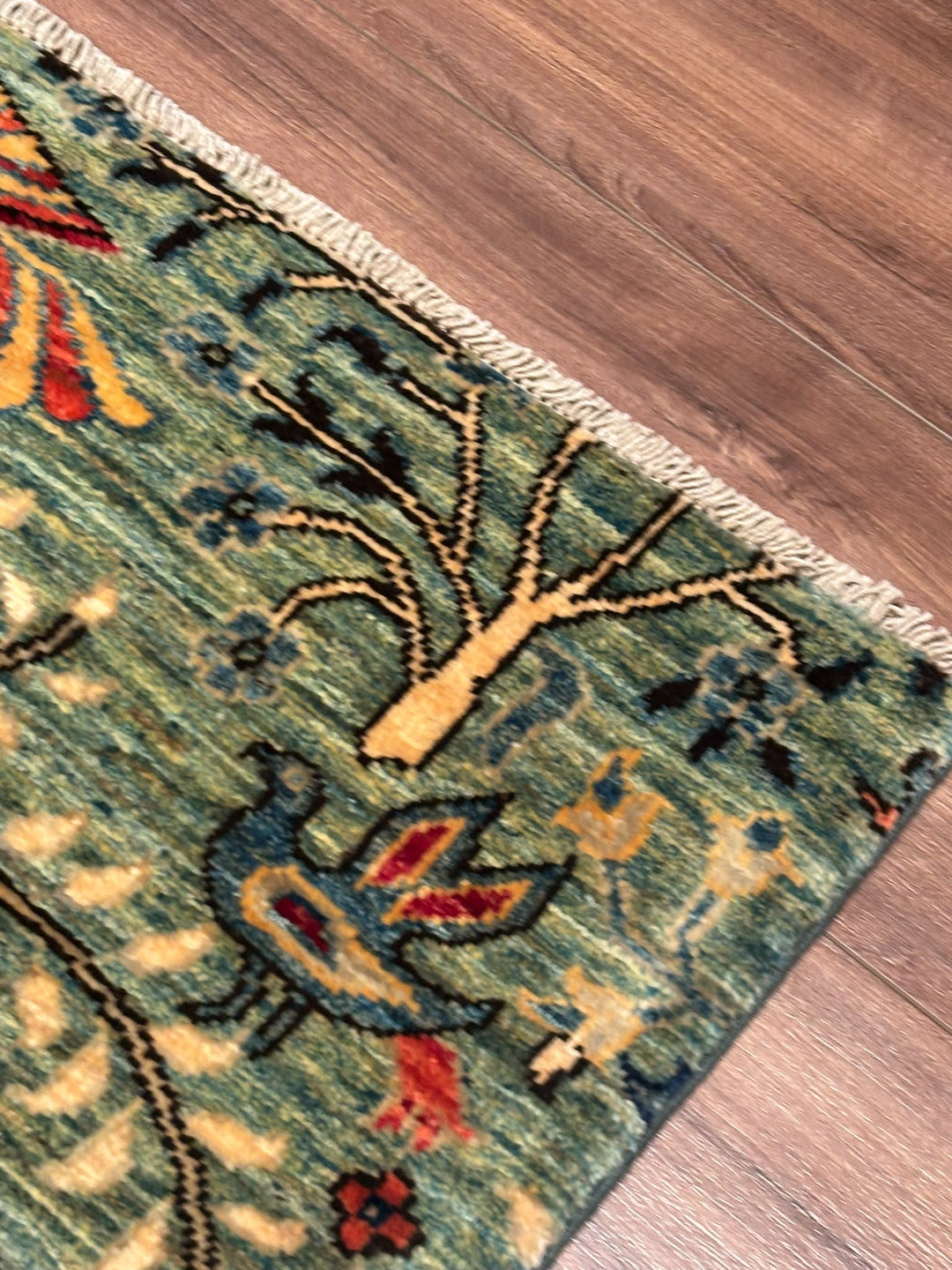 Kuş Orijinal El Dokuması Yeşil Kök Boya Yün Halı 0.99x147 1.46 Metrekare - 3x5 ft