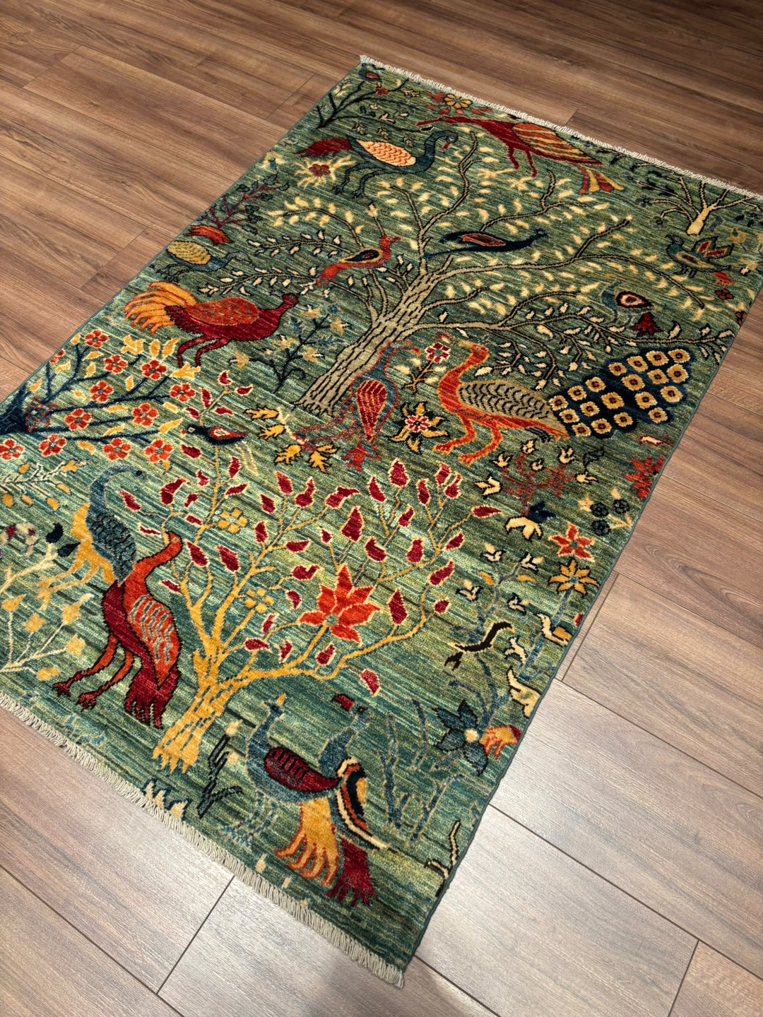 Kuş Orijinal El Dokuması Yeşil Kök Boya Yün Halı 0.99x147 1.46 Metrekare - 3x5 ft