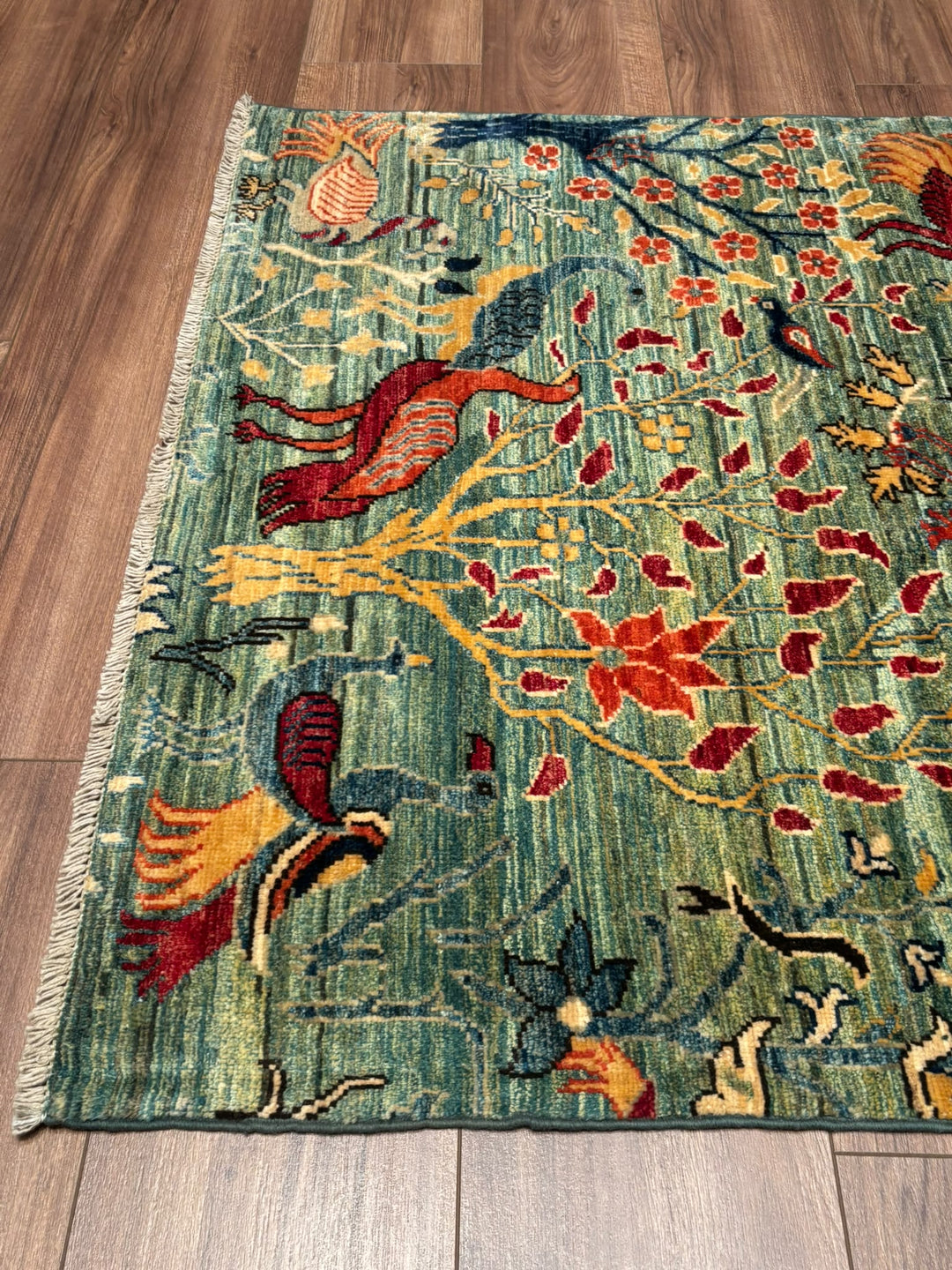 Kuş Orijinal El Dokuması Yeşil Kök Boya Yün Halı 0.99x147 1.46 Metrekare - 3x5 ft