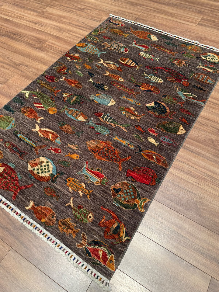 Balık Orijinal El Dokuması Antrasit Kök Boya Yün Halı 121x187 2.26 Metrekare - 4x6 ft