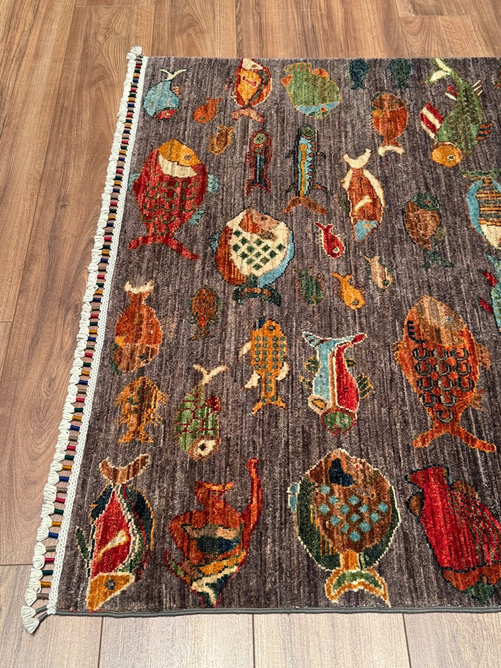 Balık Orijinal El Dokuması Antrasit Kök Boya Yün Halı 121x187 2.26 Metrekare - 4x6 ft