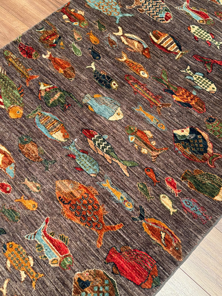 Balık Orijinal El Dokuması Antrasit Kök Boya Yün Halı 121x187 2.26 Metrekare - 4x6 ft