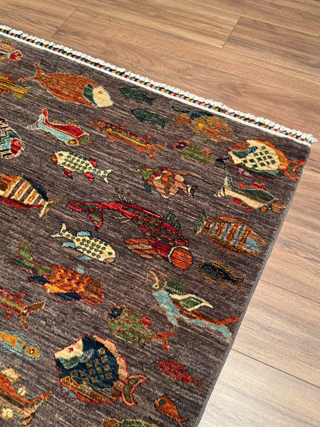 Balık Orijinal El Dokuması Antrasit Kök Boya Yün Halı 121x187 2.26 Metrekare - 4x6 ft