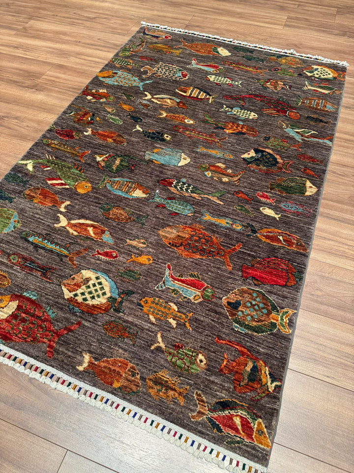 Balık Orijinal El Dokuması Antrasit Kök Boya Yün Halı 121x187 2.26 Metrekare - 4x6 ft