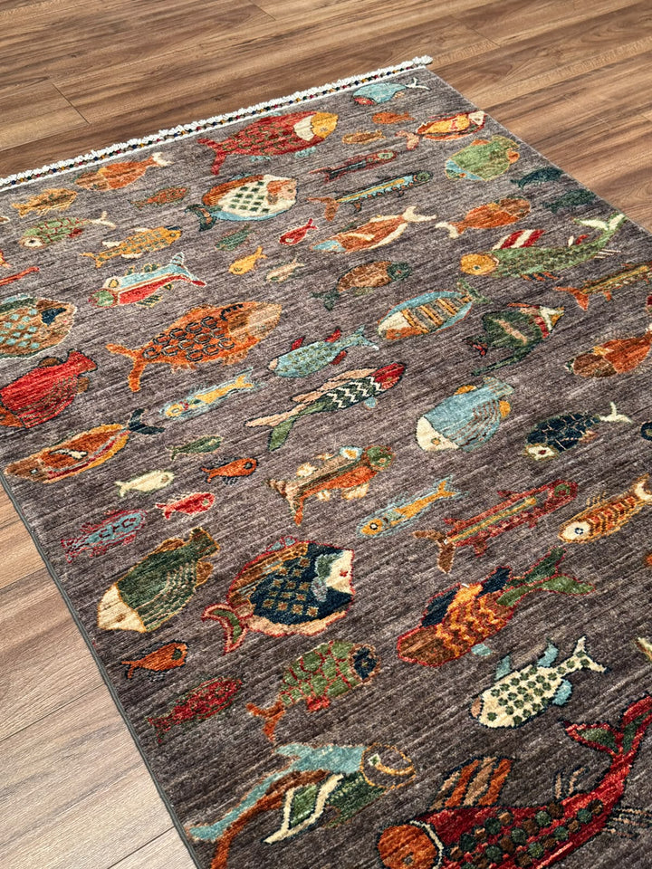 Balık Orijinal El Dokuması Antrasit Kök Boya Yün Halı 121x187 2.26 Metrekare - 4x6 ft
