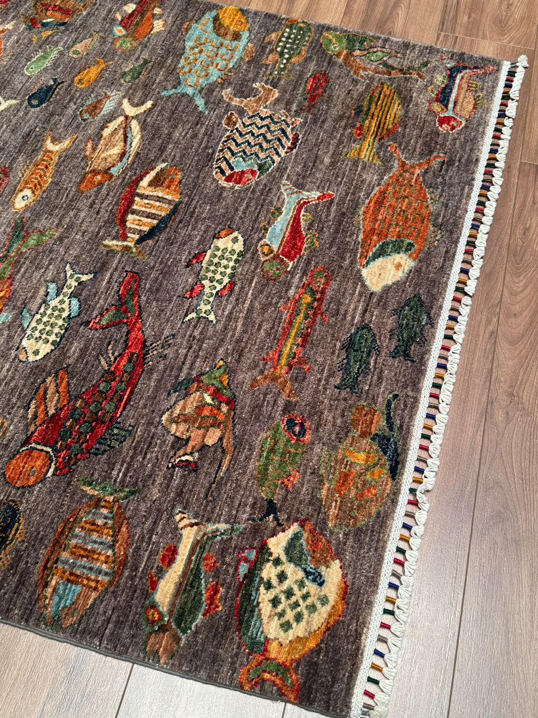 Balık Orijinal El Dokuması Antrasit Kök Boya Yün Halı 121x187 2.26 Metrekare - 4x6 ft