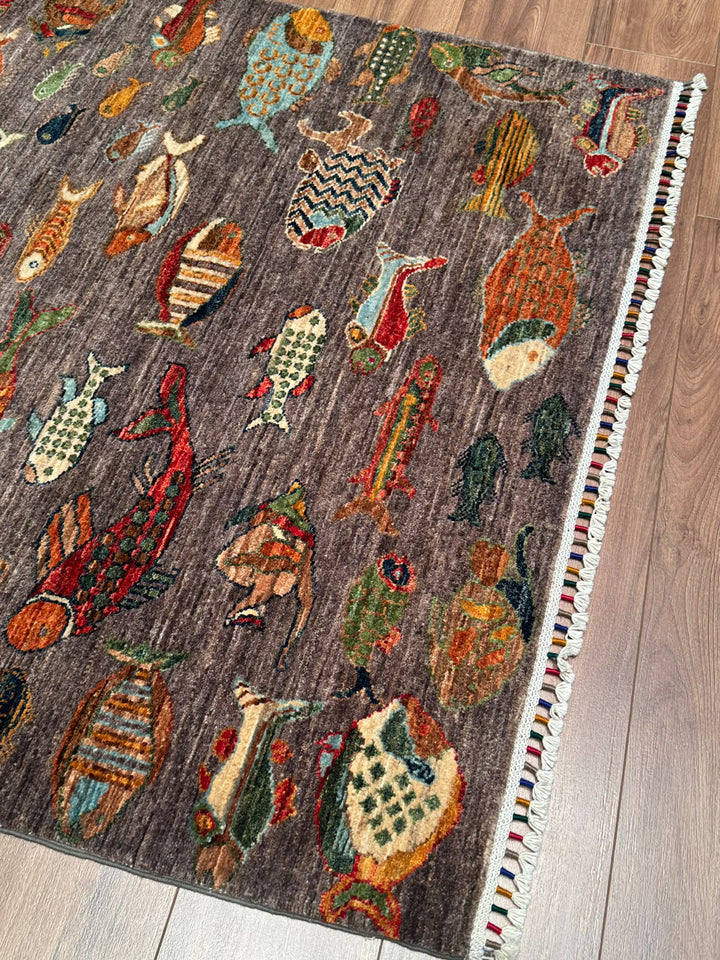 Balık Orijinal El Dokuması Antrasit Kök Boya Yün Halı 121x187 2.26 Metrekare - 4x6 ft