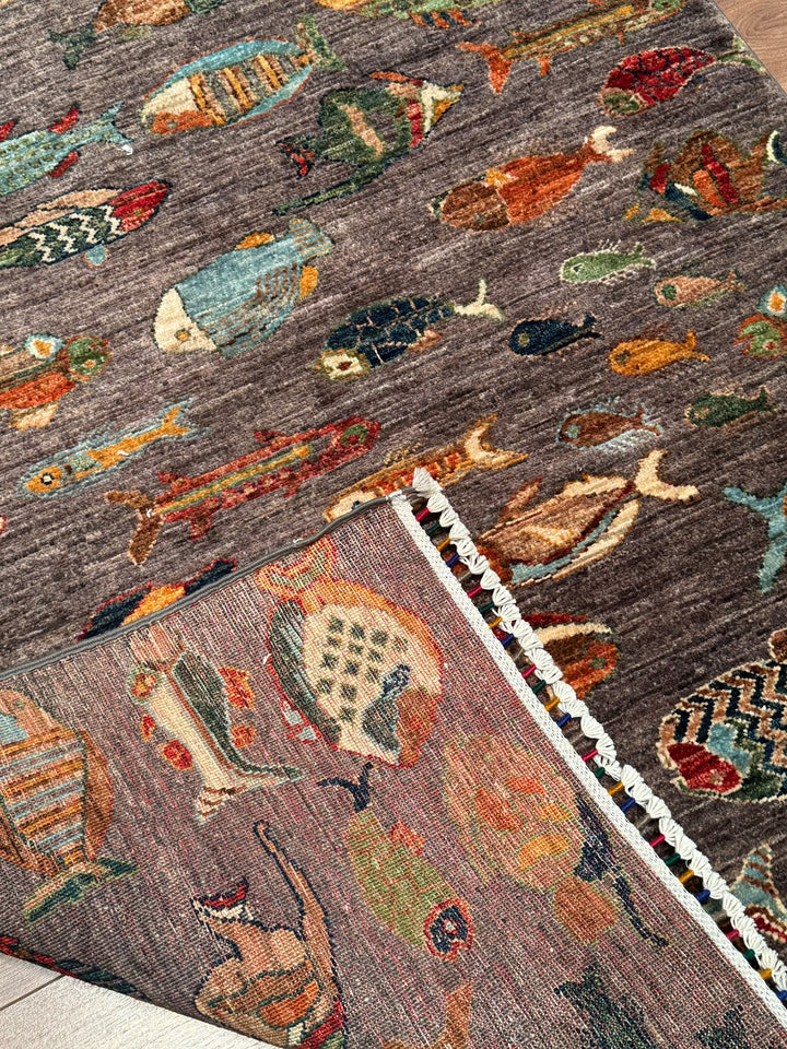 Balık Orijinal El Dokuması Antrasit Kök Boya Yün Halı 121x187 2.26 Metrekare - 4x6 ft