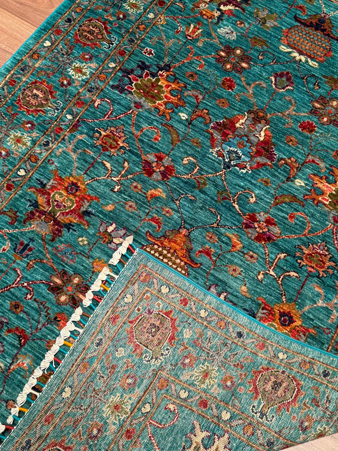 Sultani Binbirgece Orijinal El Dokuması Turkuaz Kök Boya Yün Halı 122x178 2.17 Metrekare - 4x6 ft