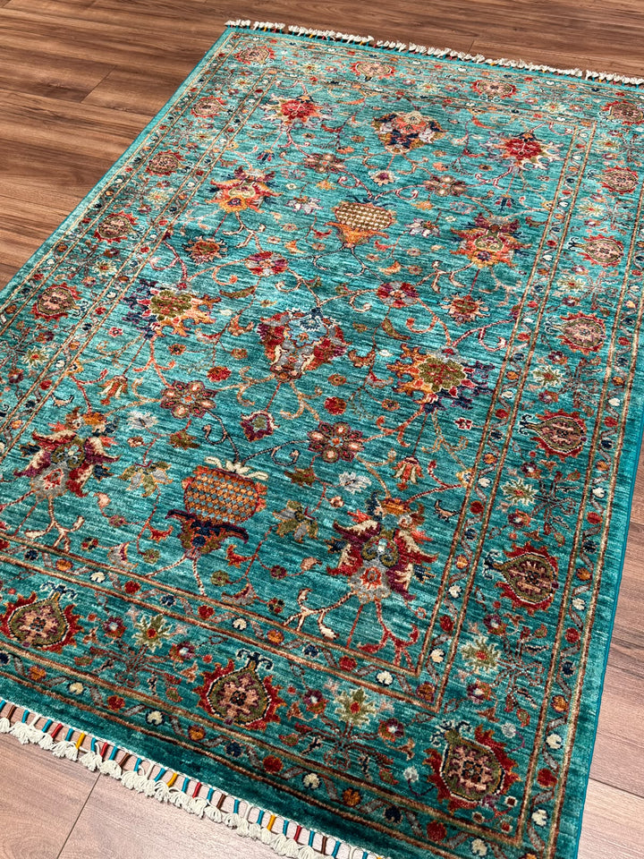 Sultani Binbirgece Orijinal El Dokuması Turkuaz Kök Boya Yün Halı 122x178 2.17 Metrekare - 4x6 ft