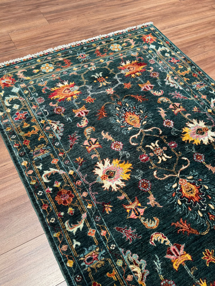 Sultani Binbirgece Orijinal El Dokuması Yeşil Kök Boya Yün Halı 124x190 2.36 Metrekare - 4x6 ft