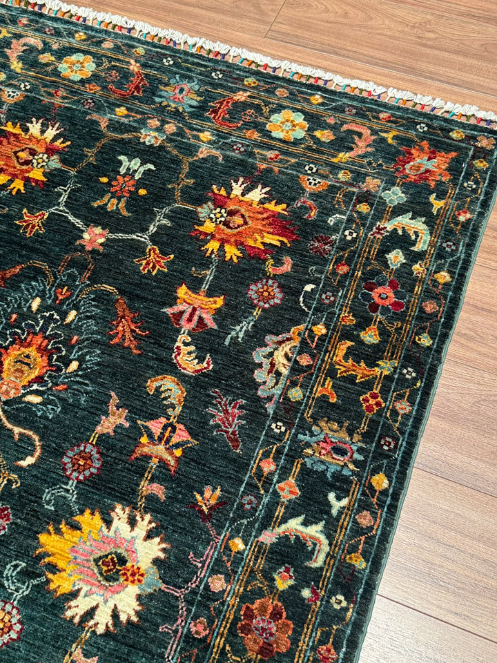 Sultani Binbirgece Orijinal El Dokuması Yeşil Kök Boya Yün Halı 124x190 2.36 Metrekare - 4x6 ft