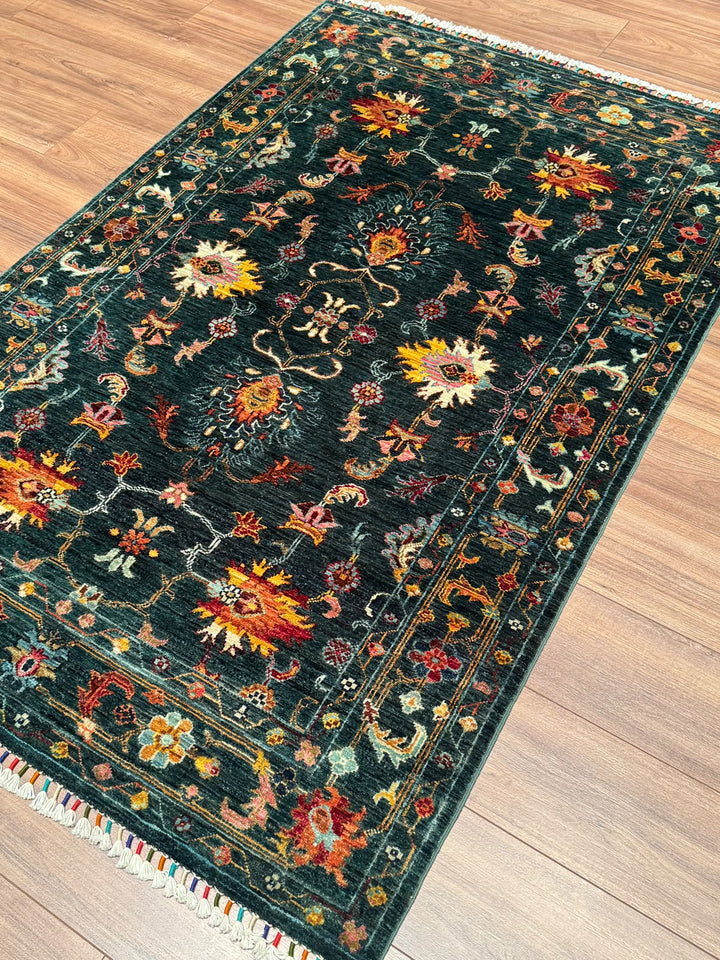 Sultani Binbirgece Orijinal El Dokuması Yeşil Kök Boya Yün Halı 124x190 2.36 Metrekare - 4x6 ft