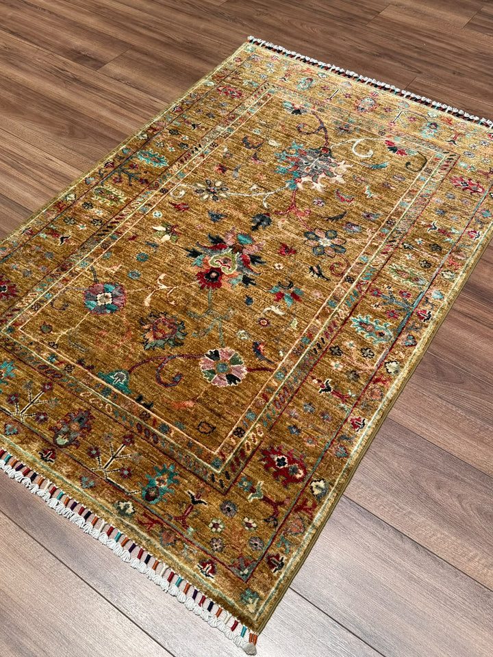 Sultani Binbirgece Orijinal El Dokuması Yeşil Kök Boya Yün Halı 102x150 1.53 Metrekare - 3x5 ft