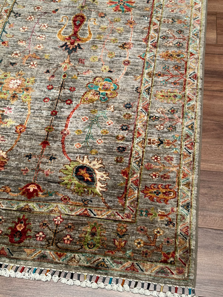 Sultani Çiçekli Orijinal El Dokuması Gri Kök Boya Yün Halı 104x151 1.57 Metrekare - 3x5 ft