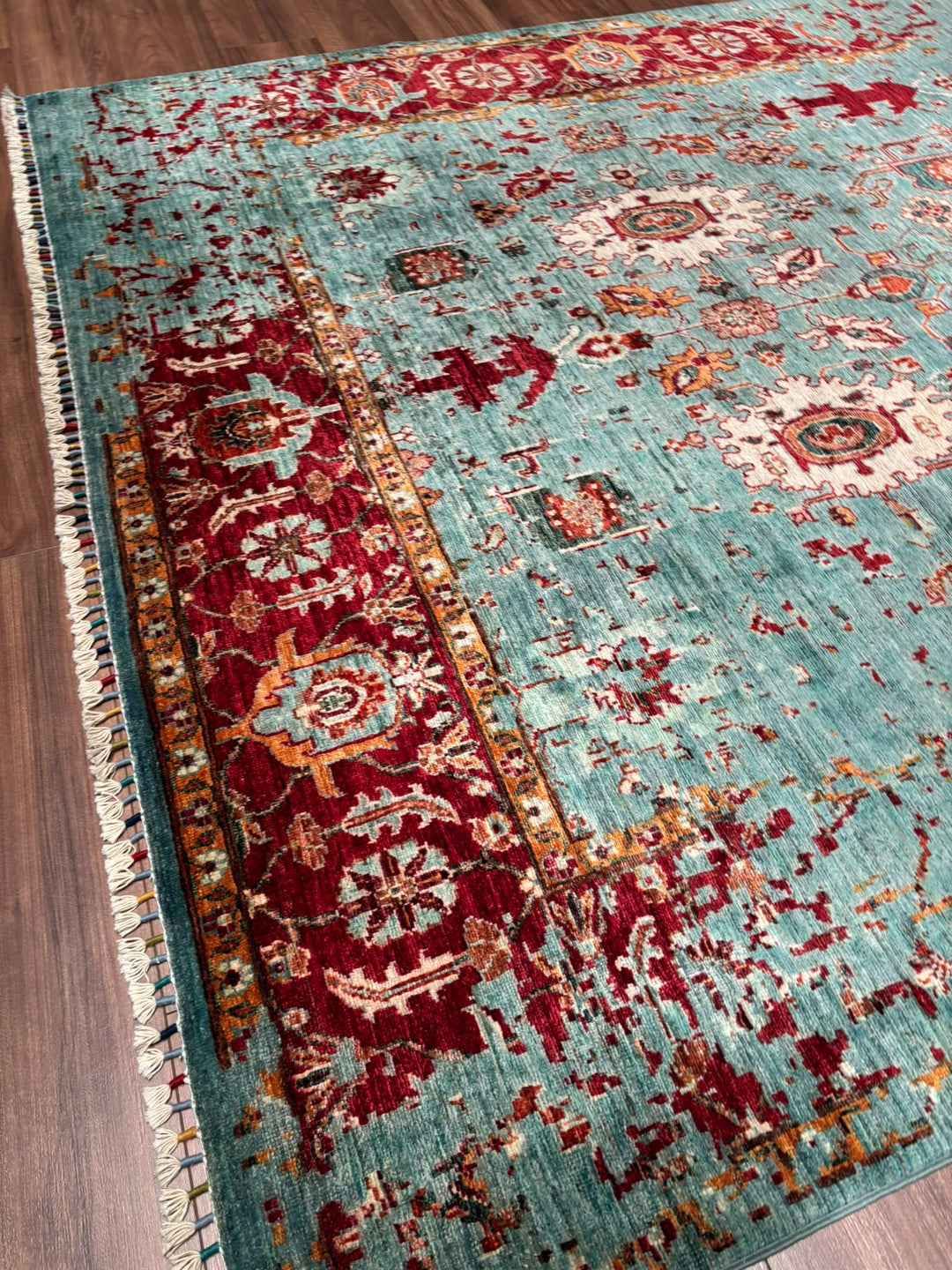 Kırık Memlük Orijinal El Dokuması Turkuaz Kök Boya Yün Halı 203x318 6.46 Metrekare - 7x10 ft