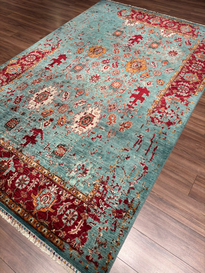 Kırık Memlük Orijinal El Dokuması Turkuaz Kök Boya Yün Halı 203x318 6.46 Metrekare - 7x10 ft