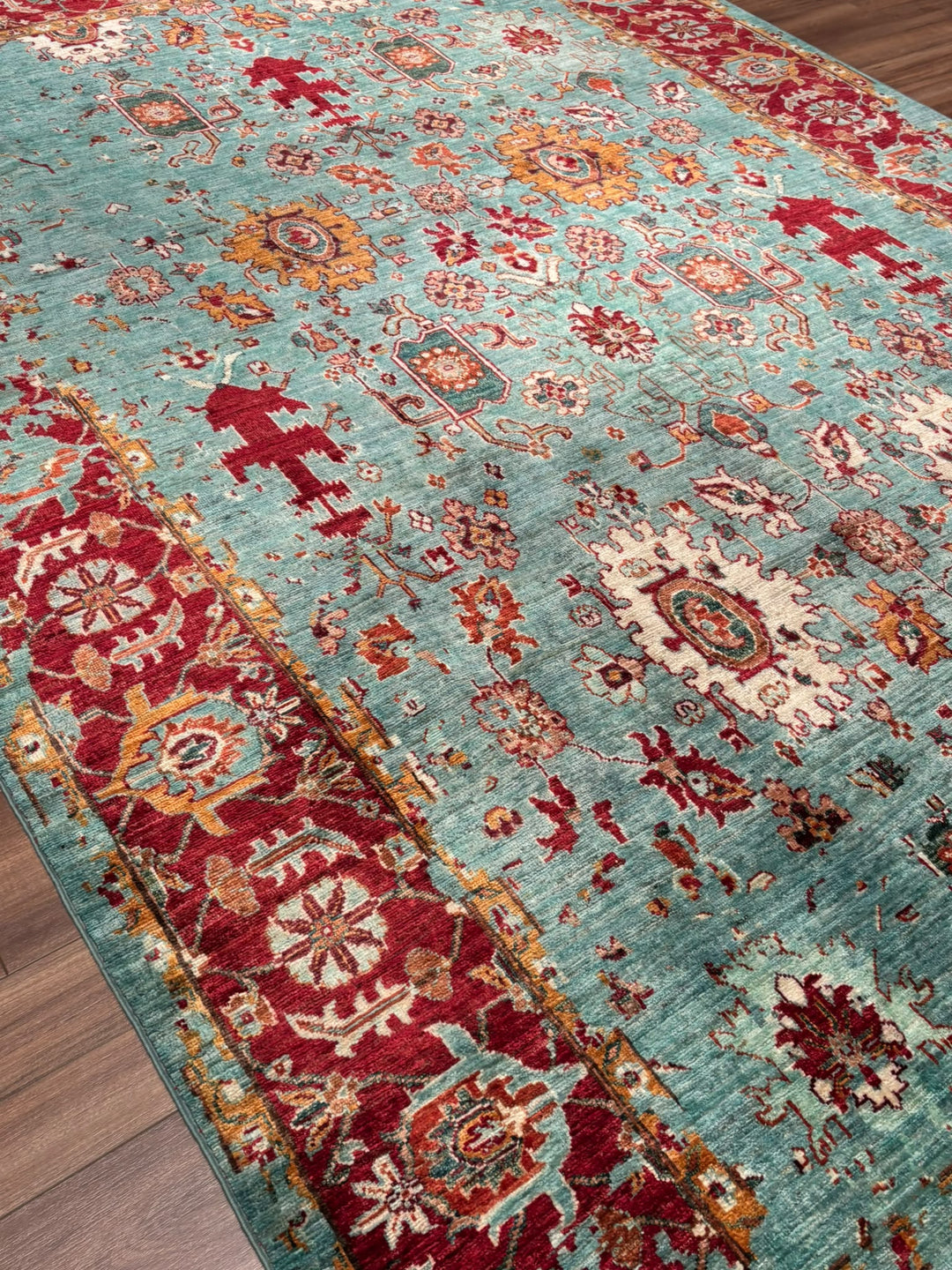Kırık Memlük Orijinal El Dokuması Turkuaz Kök Boya Yün Halı 203x318 6.46 Metrekare - 7x10 ft
