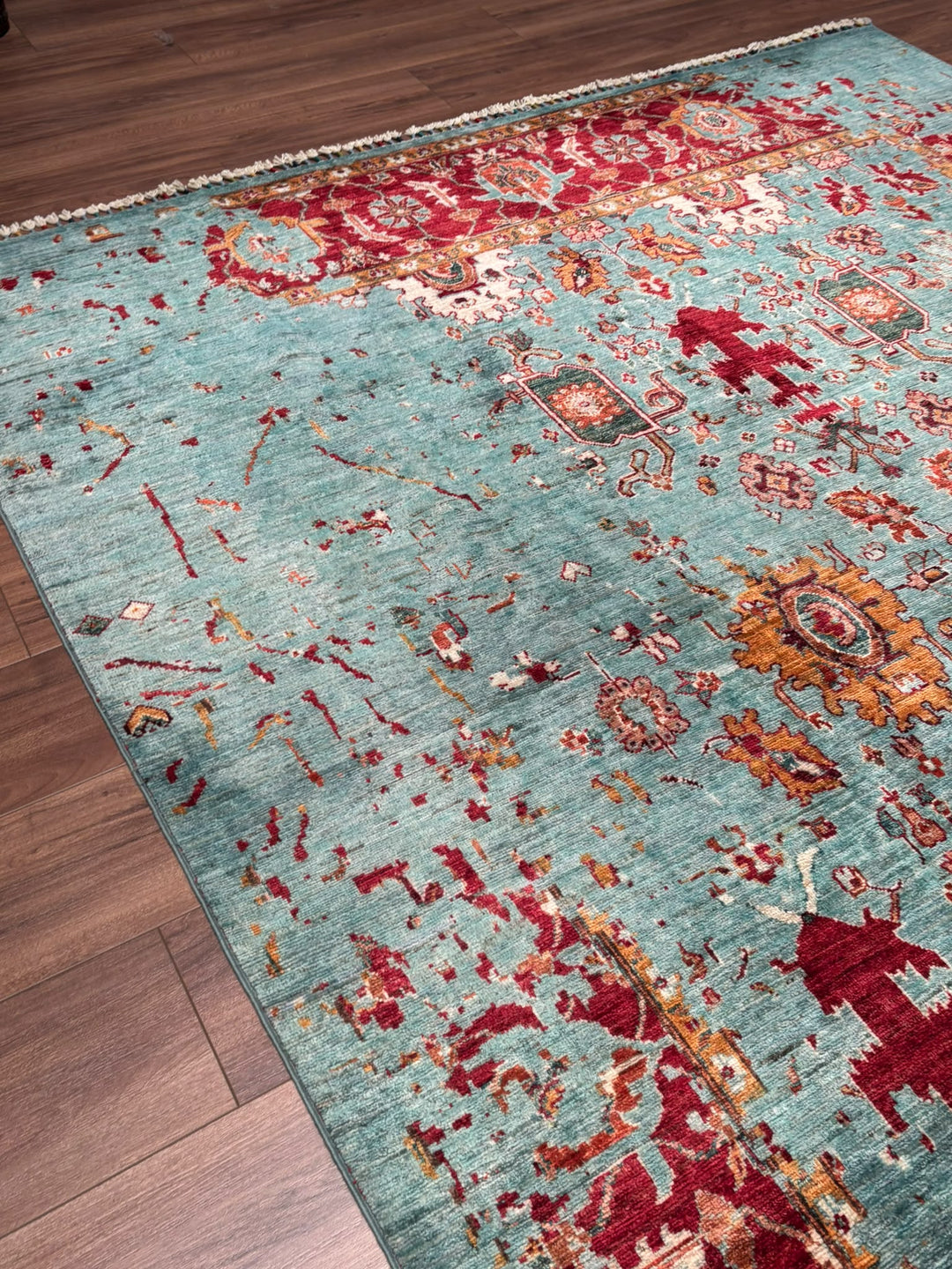 Kırık Memlük Orijinal El Dokuması Turkuaz Kök Boya Yün Halı 203x318 6.46 Metrekare - 7x10 ft
