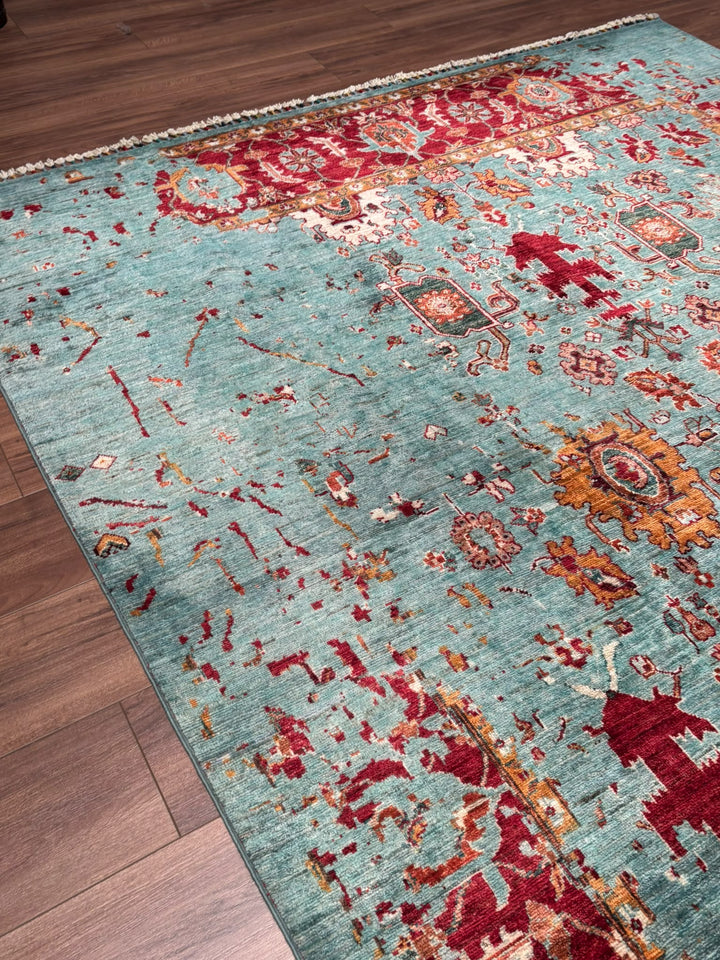 Kırık Memlük Orijinal El Dokuması Turkuaz Kök Boya Yün Halı 203x318 6.46 Metrekare - 7x10 ft