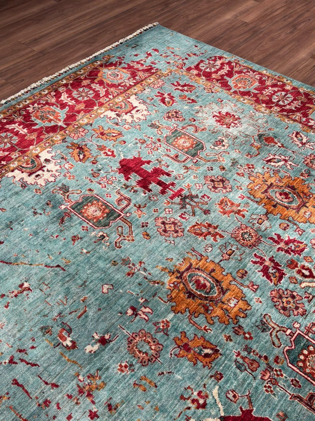 Kırık Memlük Orijinal El Dokuması Turkuaz Kök Boya Yün Halı 203x318 6.46 Metrekare - 7x10 ft