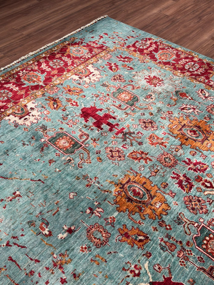 Kırık Memlük Orijinal El Dokuması Turkuaz Kök Boya Yün Halı 203x318 6.46 Metrekare - 7x10 ft