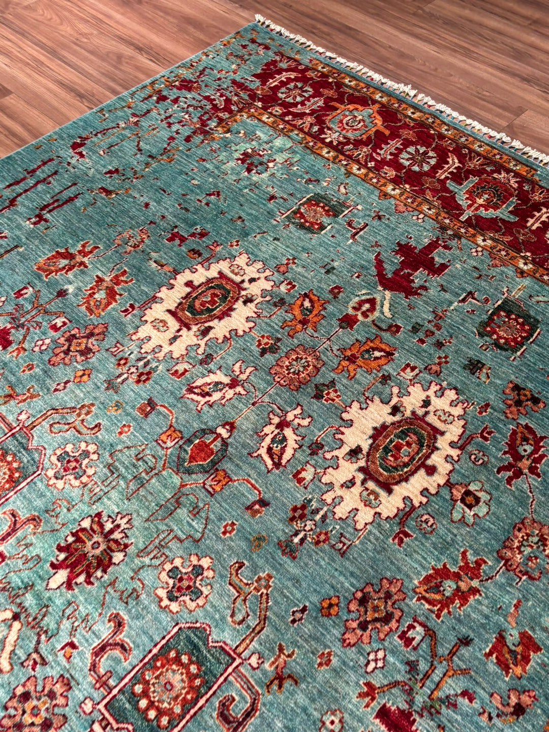 Kırık Memlük Orijinal El Dokuması Turkuaz Kök Boya Yün Halı 203x318 6.46 Metrekare - 7x10 ft