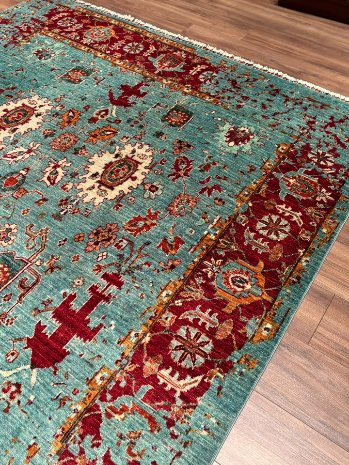 Kırık Memlük Orijinal El Dokuması Turkuaz Kök Boya Yün Halı 203x318 6.46 Metrekare - 7x10 ft