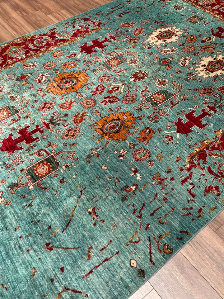 Kırık Memlük Orijinal El Dokuması Turkuaz Kök Boya Yün Halı 203x318 6.46 Metrekare - 7x10 ft