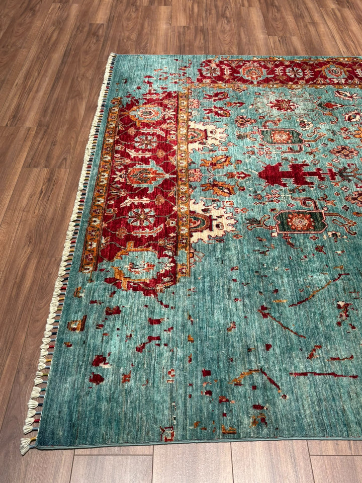 Kırık Memlük Orijinal El Dokuması Turkuaz Kök Boya Yün Halı 203x318 6.46 Metrekare - 7x10 ft