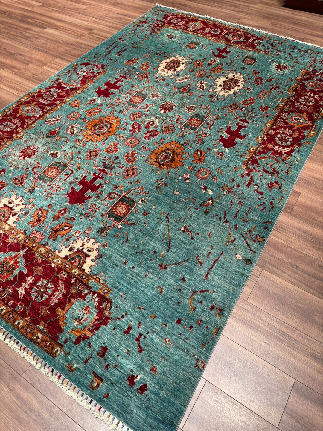 Kırık Memlük Orijinal El Dokuması Turkuaz Kök Boya Yün Halı 203x318 6.46 Metrekare - 7x10 ft