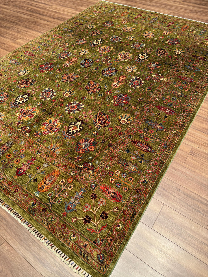 Sultani Binbirgece Orijinal El Dokuması Yeşil Kök Boya Yün Halı 246x350 8.61 Metrekare - 8x12 ft