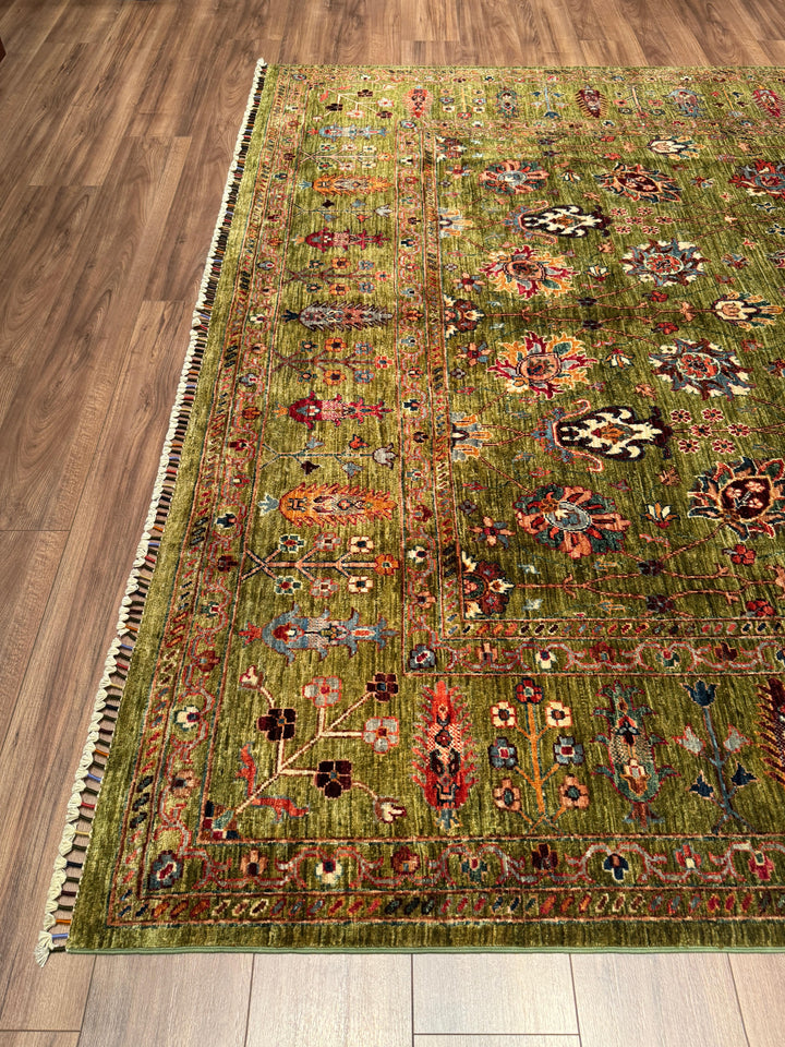 Sultani Binbirgece Orijinal El Dokuması Yeşil Kök Boya Yün Halı 246x350 8.61 Metrekare - 8x12 ft