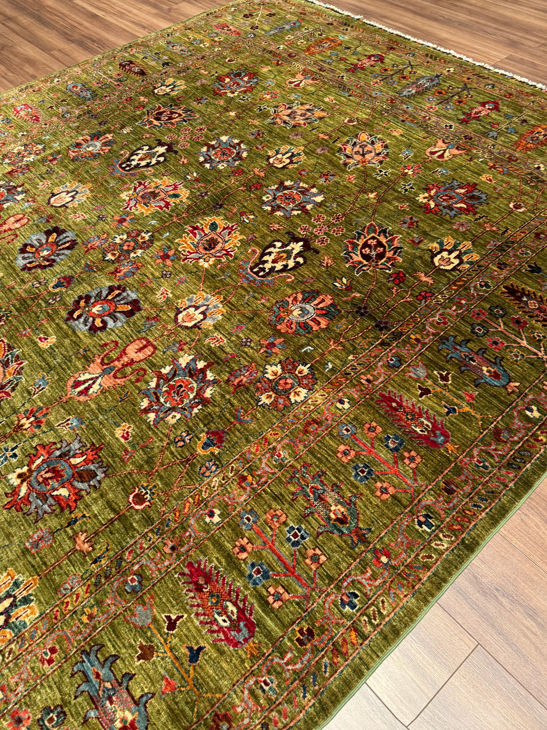 Sultani Binbirgece Orijinal El Dokuması Yeşil Kök Boya Yün Halı 246x350 8.61 Metrekare - 8x12 ft